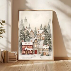 Affiche Maison de Noël enneigée – Décoration murale hiver chaleureuse