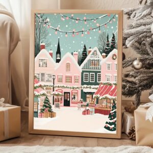 Affiche Village de Noël Illustré – Décoration Murale Hivernale Féérique
