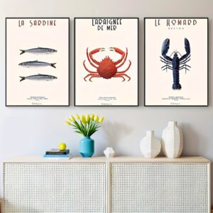 Affiche triptyque Fruits de Mer – Affiches Vintage Sardine, Araignée de Mer & Homard