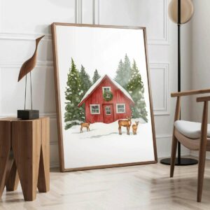 Affiche Chalet Rouge en Hiver – Décoration Murale Forêt & Cerfs