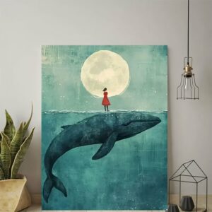 Affiche Poétique Baleine & Lune – Illustration Rêveuse et Fantastique pour Décoration Murale