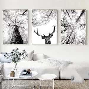 Triptyque Cerf & Forêt Noir et Blanc – Affiches Nature Modernes pour Décoration Murale