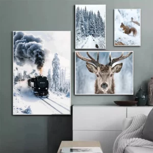 Duo d’Affiches Hiver : Train à Vapeur & Cerf Majestueux – Décoration Montagne