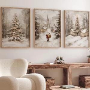Triptyque de Noël – Paysages Enneigés & Père Noël – Décoration Murale Hivernale