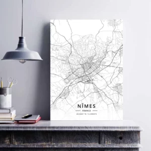 Affiche murale carte de Nice Nîmes Orléans Perpignan Reims Rennes Rouen Saint-Etienne Strasbourg Toulon Toulouse en noir et blanc