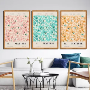 Affiche murale motifs floraux découpés rose, vert ou jaune au style graphique