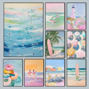 Affiche murale scènes de plage et surf pastel estival, vagues d'océan, coquille d'huître, parasol, plage