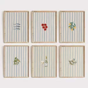 Affiche murale minimaliste motifs marins et végétaux sur fond rayé, italie, cuisine, citrons, tomates