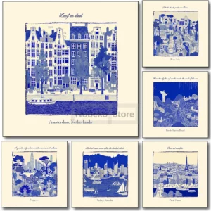 Affiche murale urbaine bleue représentant façades et paysages de villes Paris, Sydney, Rio, Barcelone, Rome, Amsterdam