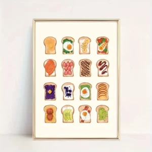 Affiche murale illustrée toasts variés en grille au style graphique
