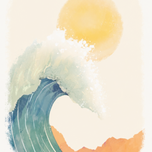 Affiche vagues et soleil en aquarelle