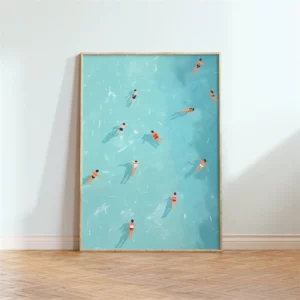 Affiche murale illustration nageurs et surfeurs vue aérienne mer - T0078-13