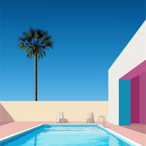 Affiche murale paysage urbain palmiers et voiture style graphique - Bleu marine