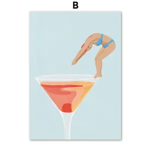 Affiche murale illustration femme de dos sur fond rayures graphiques - B