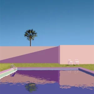 Affiche murale paysage urbain palmiers et voiture style graphique - Jaune