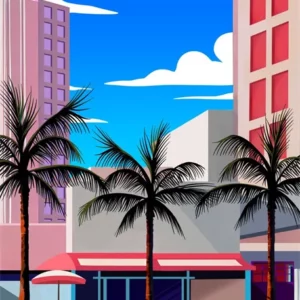 Affiche murale paysage urbain palmiers et voiture style graphique - Gris clair