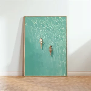 Affiche murale illustration nageurs et surfeurs vue aérienne mer - T0078-3
