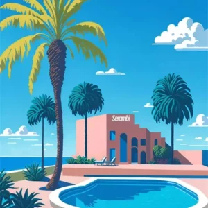 Affiche murale paysage urbain palmiers et voiture style graphique - Bleu