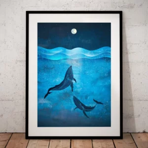 Affiche murale illustration océan bleu avec baleines et plongeur - 01
