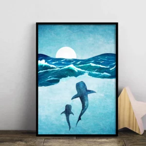 Affiche murale illustration océan bleu avec baleines et plongeur - 04