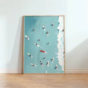 Affiche murale illustration nageurs et surfeurs vue aérienne mer - T0078-4