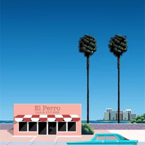 Affiche murale paysage urbain palmiers et voiture style graphique - vert