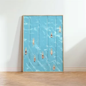 Affiche murale illustration nageurs et surfeurs vue aérienne mer - T0078-11