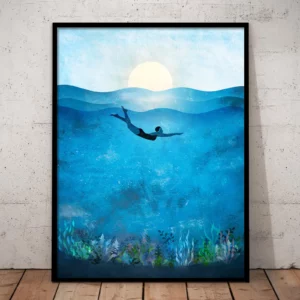 Affiche murale illustration océan bleu avec baleines et plongeur - 02