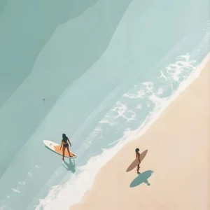 Affiche murale plage avec surfeurs et parasol style illustration minimaliste - 1