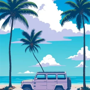 Affiche murale paysage urbain palmiers et voiture style graphique - Bourgogne