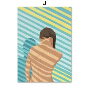 Affiche murale illustration femme de dos sur fond rayures graphiques - J