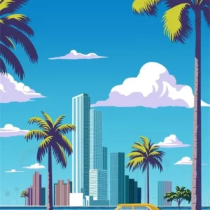 Affiche murale paysage urbain palmiers et voiture style graphique - Rouge