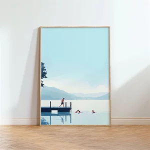 Affiche murale illustration nageurs et surfeurs vue aérienne mer - T0078-9