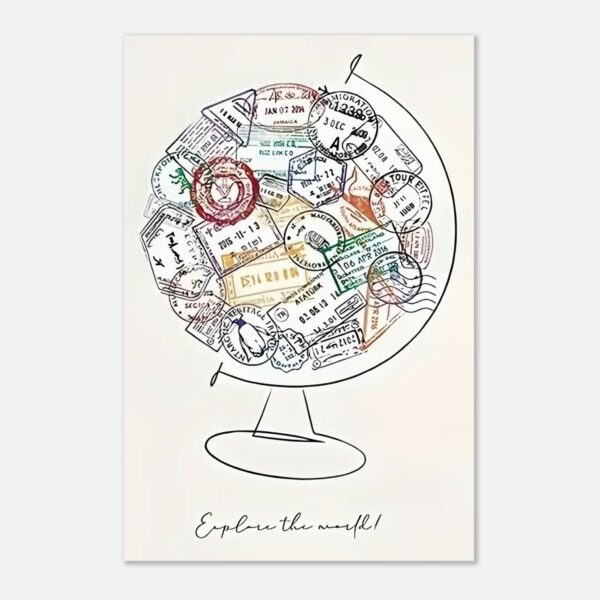 Affiche murale globe avec tampons de voyage style minimal 1 a3e9f3d3-5373-468d-b483-d25766fe27ac