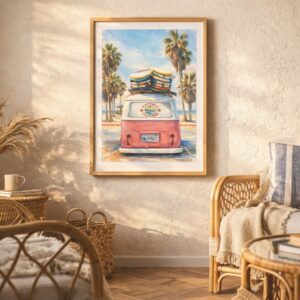 Affiche murale van rose avec planches de surf style aquarelle californien