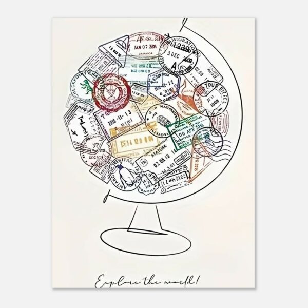 Affiche murale globe avec tampons de voyage style minimal 4 ec8e8215-123c-4da3-b618-f7c254295635